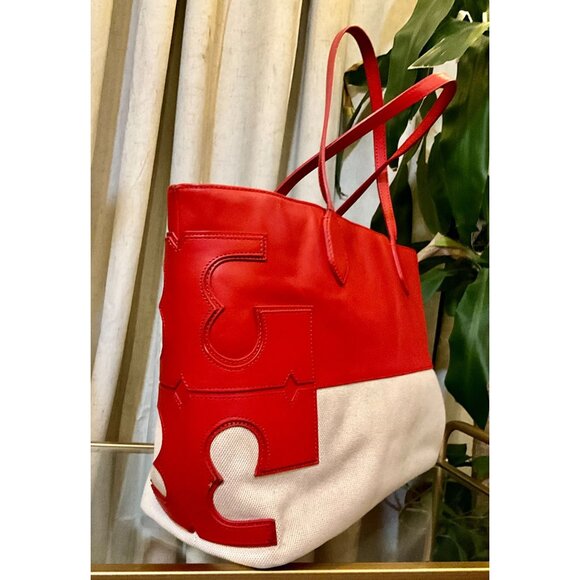 ♦️♦️ AUTHENTIC TORY BURCH RED AND CANVAS SHOULDER BAG/TOTE ♦️♦️ - Picture 6 of 8